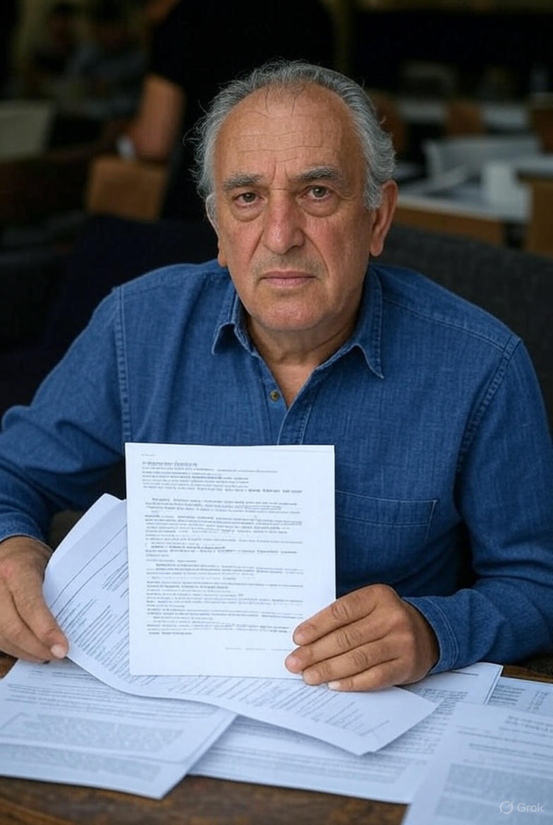 אדם מבוגר יושב ומחזיק מסמכי פנסיה